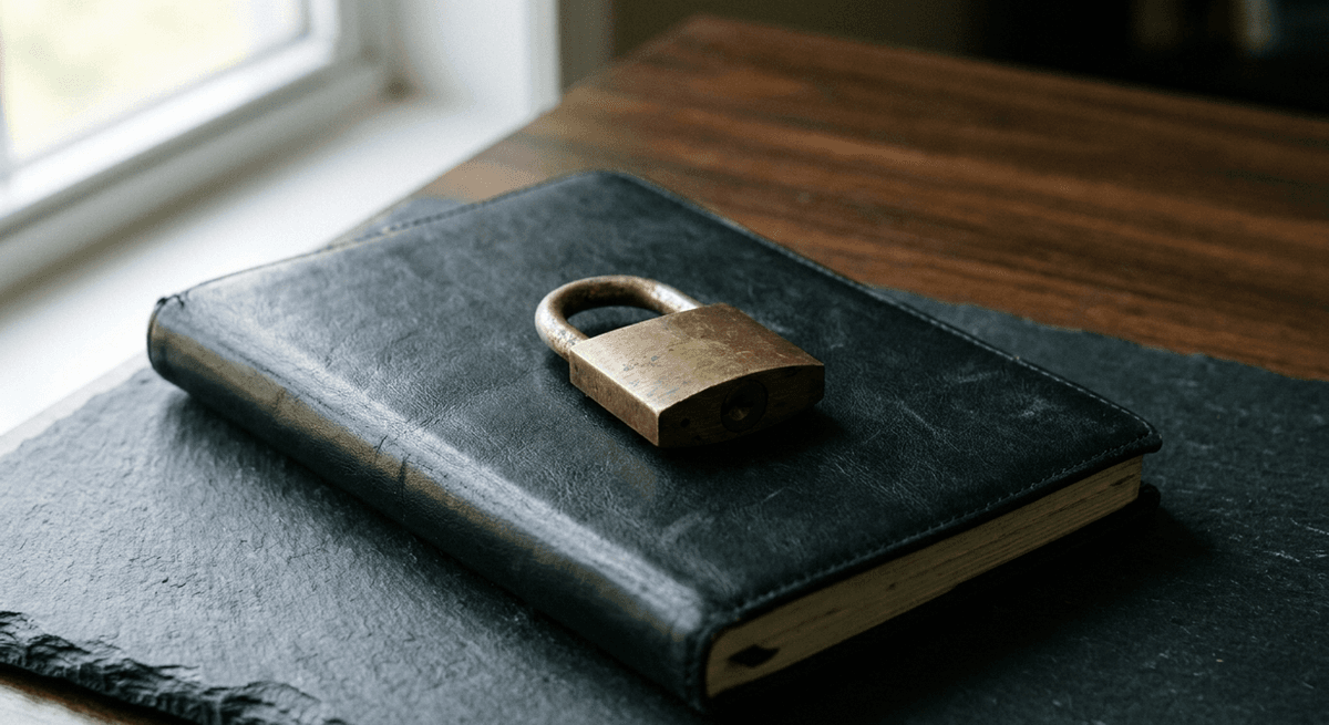 Candado de latón cerrado sobre un cuaderno de cuero negro en una superficie de pizarra oscura