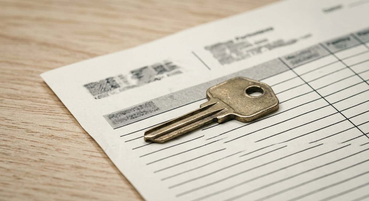una sola llave de casa sobre un formulario de solicitud de registros impreso en un escritorio de madera clara
