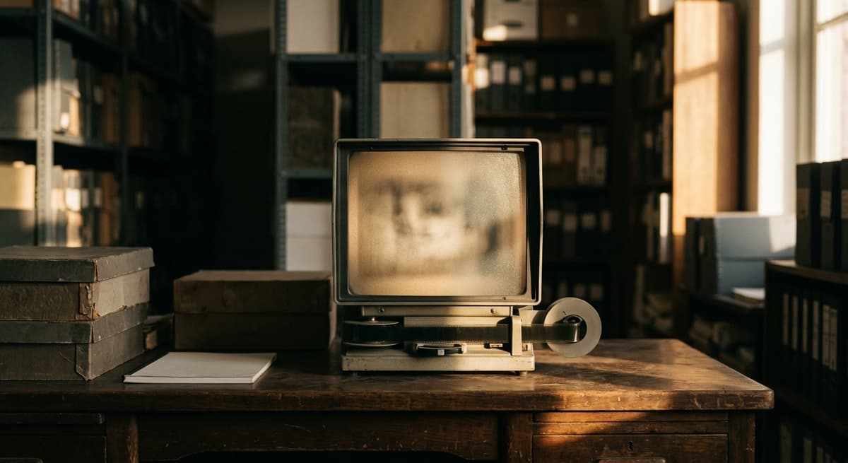a microfilm reader screen glowing softly in a dim archive room
