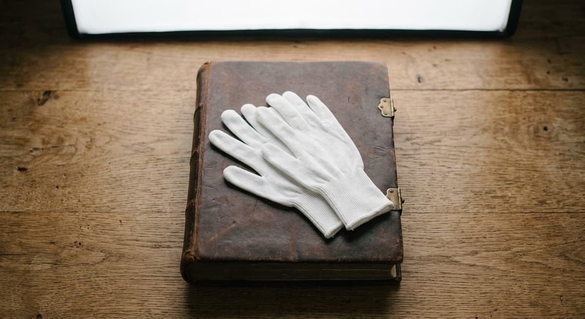 un par de guantes blancos de algodón de archivo apoyados sobre un libro de registros de cuero cerrado