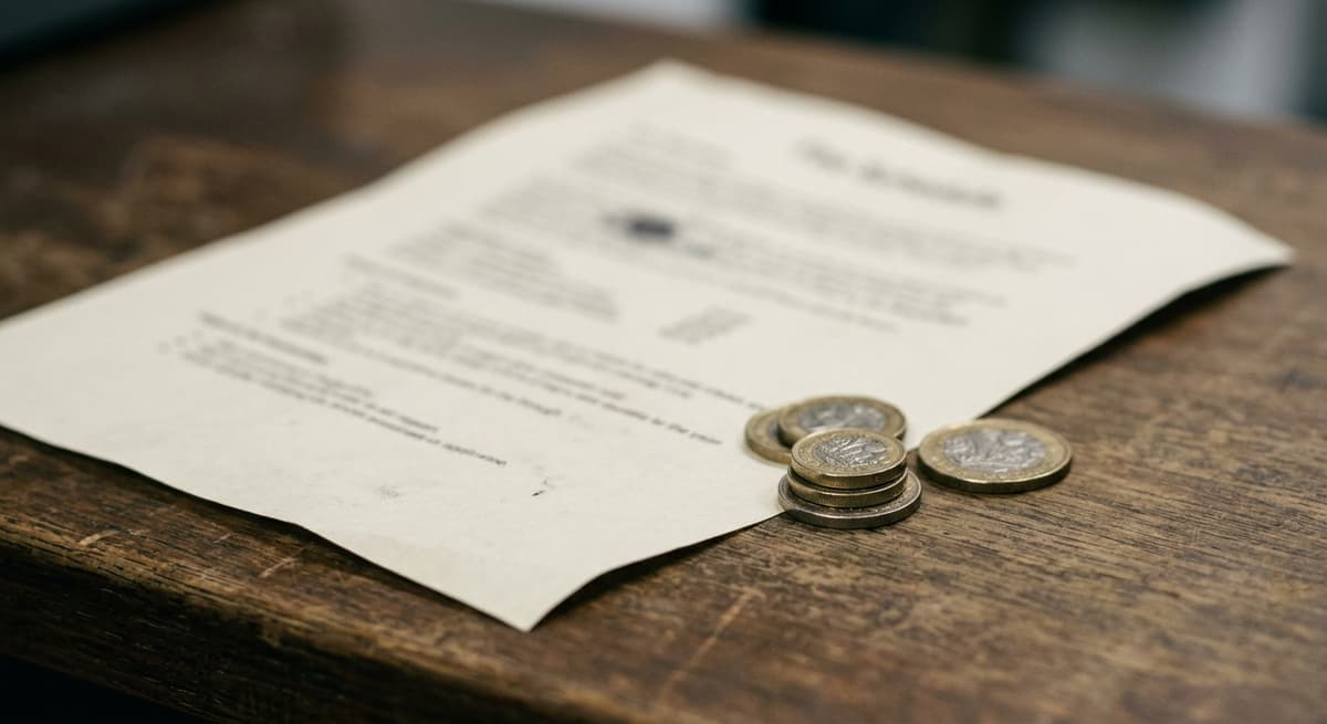a printed fee schedule and a few coins resting on a counter