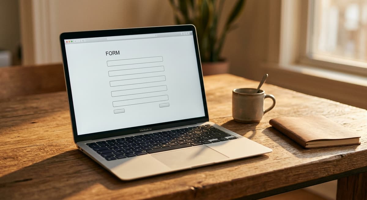 una computadora portatil sobre un escritorio que muestra un formulario de solicitud en linea sencillo y en blanco