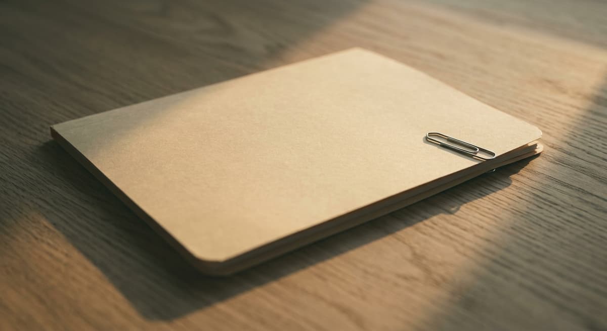 a closed manila file with a single paper clip on a clean desk