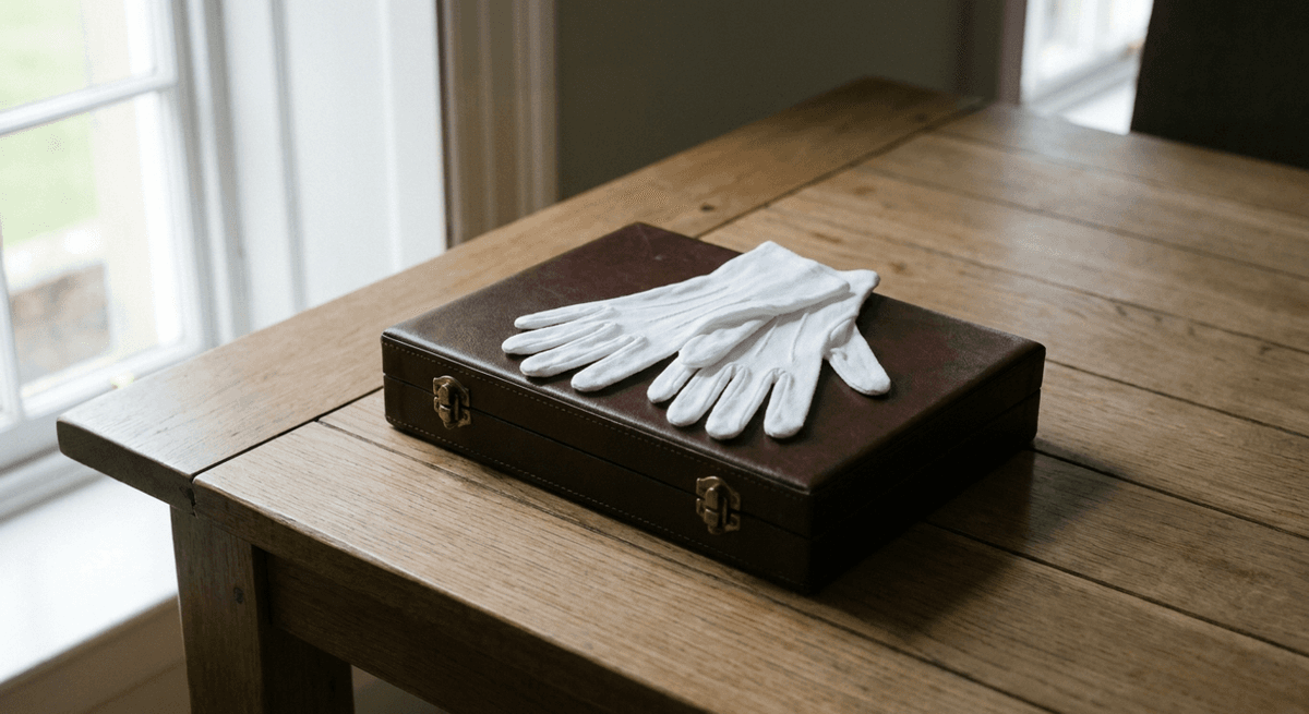 a pair of white cotton archival gloves resting on a closed brown leather case with brass clasps on a wooden table