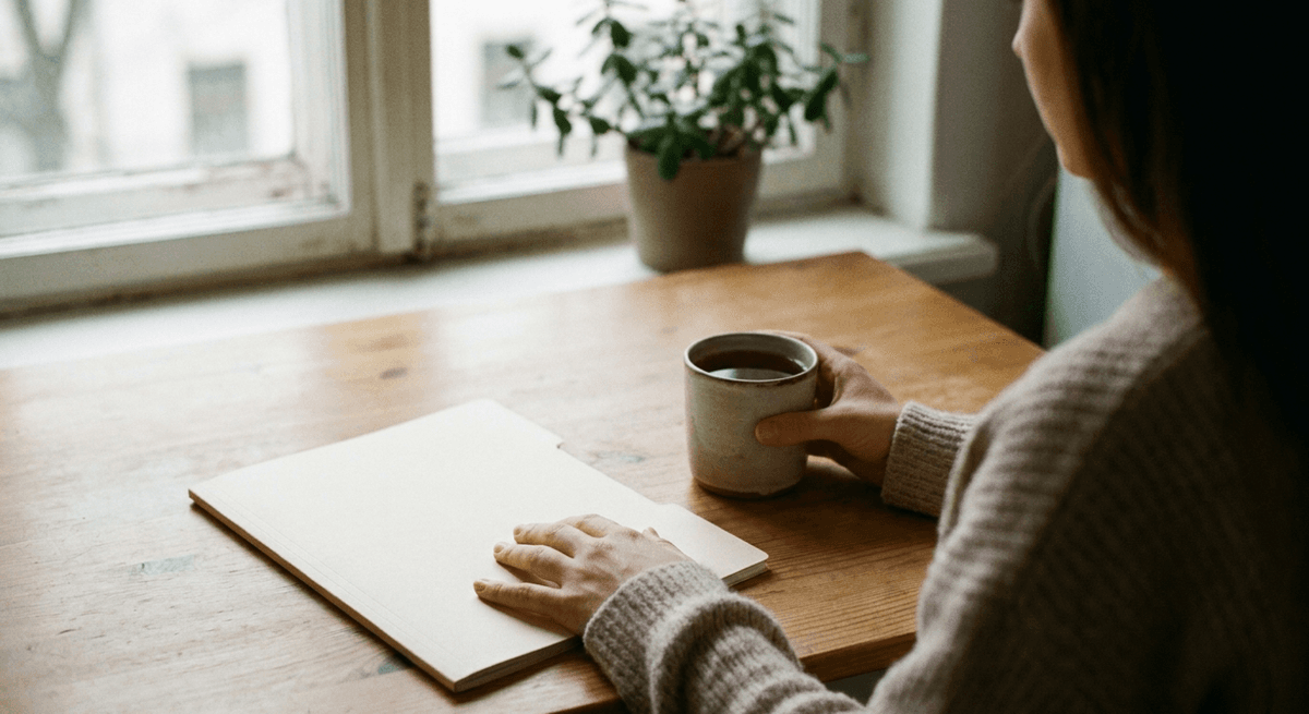Woman at a quiet table with one hand on a closed folder and the other around a mug of tea