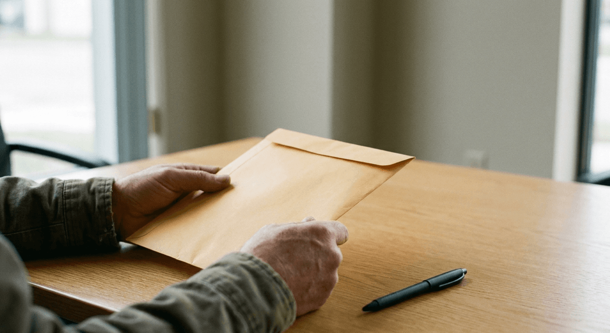 Two hands holding a plain sealed manila envelope on a wooden table beside a black pen