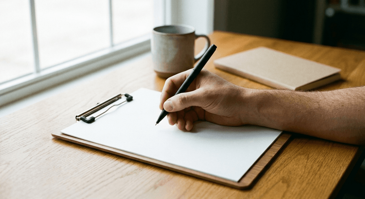 Hand holding a pen above a blank sheet on a clipboard on an oak desk