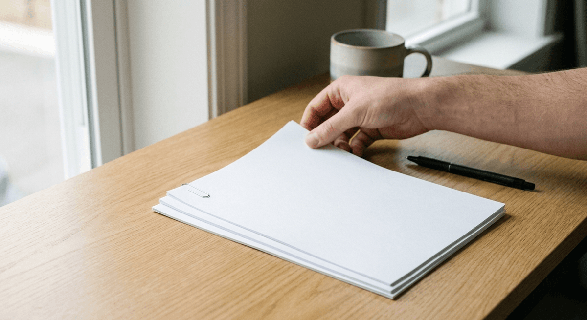 Hand lifting the top of a neat stack of three blank sheets with a paper clip beside a pen