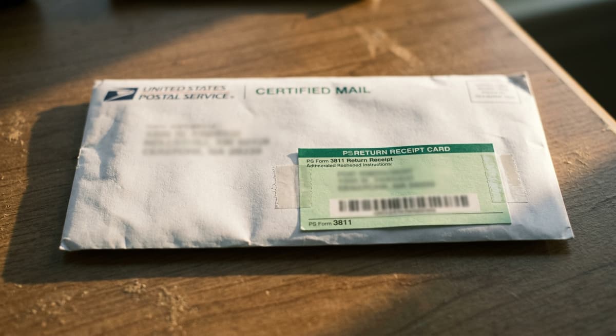 a certified mail envelope with a green return receipt card attached, lying on a desk, addresses blurred