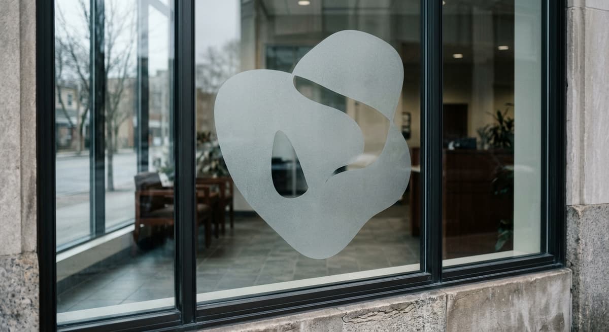 a bank branch exterior window with a frosted-glass logo shape, neutral daylight, no readable branding