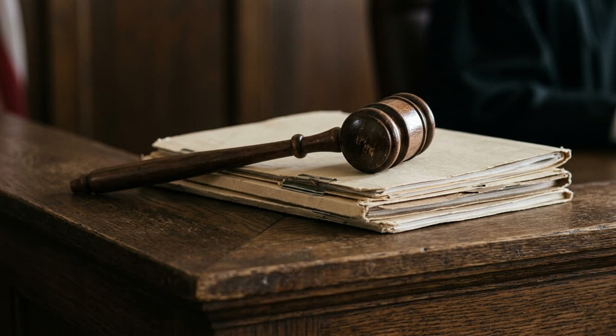 a gavel resting beside a stack of thin case folders on a judges bench, tight crop, neutral tones
