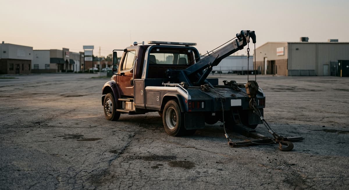 a tow truck parked on an empty commercial lot in early evening light, hook lowered, no people or readable signage