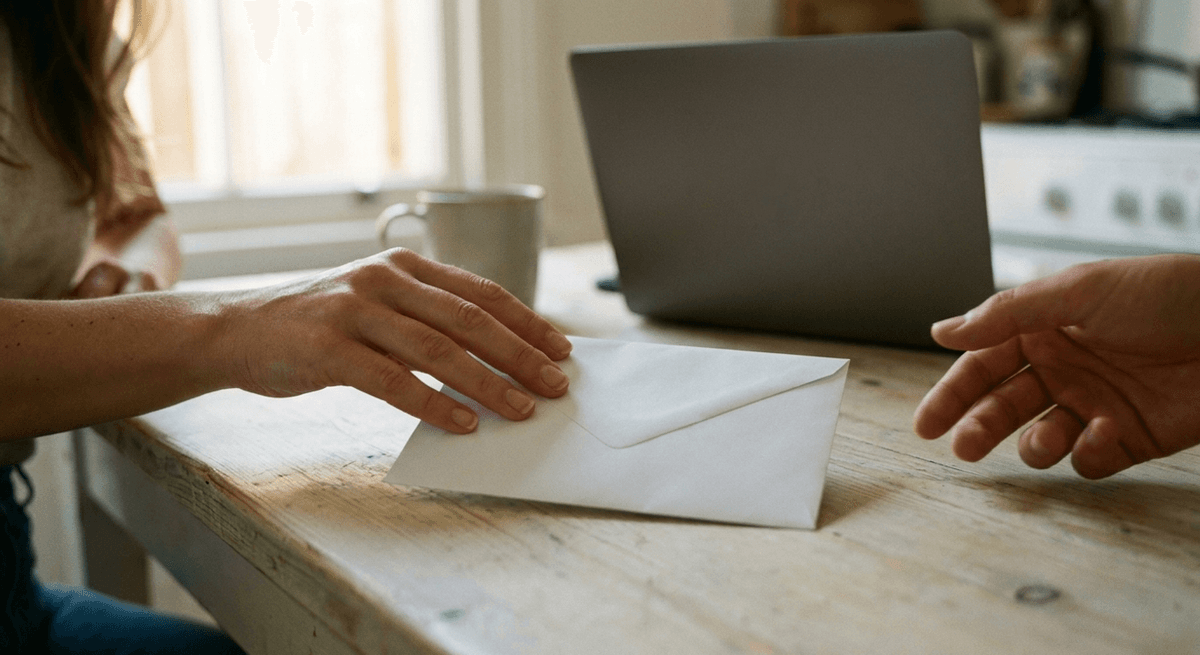 one hand sliding a plain white envelope across a wooden kitchen table toward another hand, closed laptop and mug behind