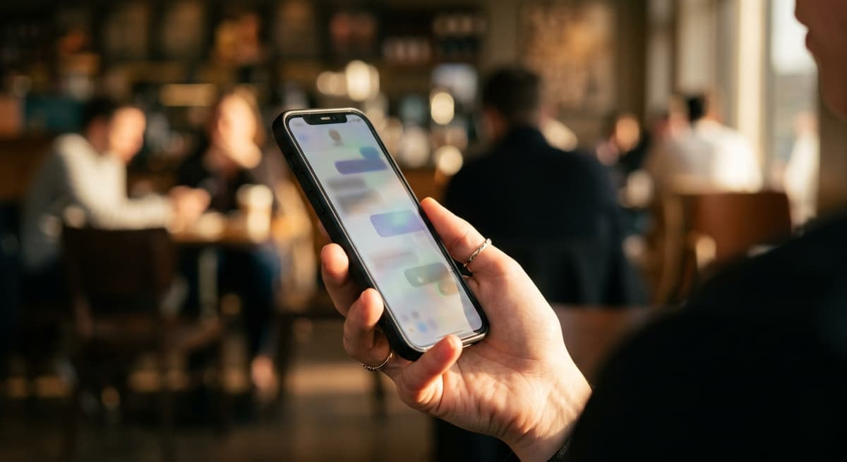 a hand holding a smartphone showing an abstract glowing message thread with no readable text, blurred cafe behind, cropp