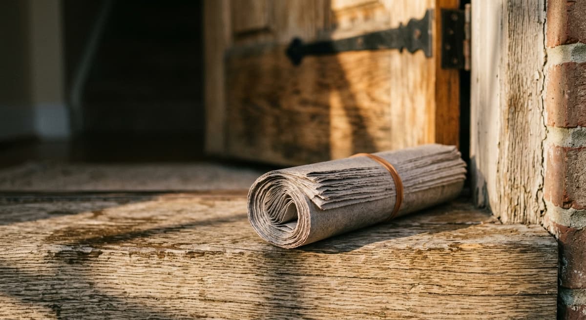 a rolled newspaper bound with a rubber band lying on a doorstep