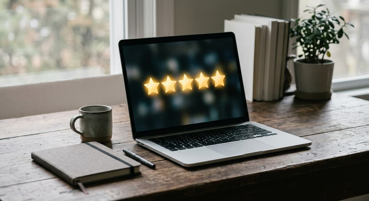 a laptop on a desk showing an abstract glowing row of review-star shapes with no text