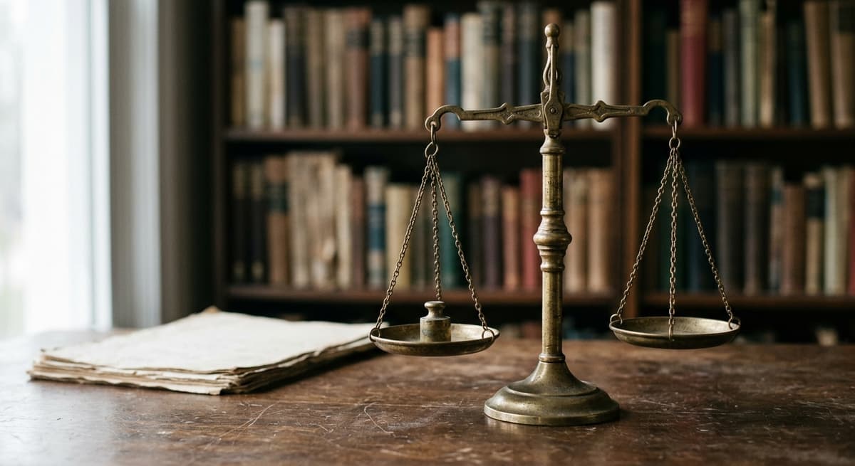 brass scales of justice on a desk with a blurred bookshelf behind