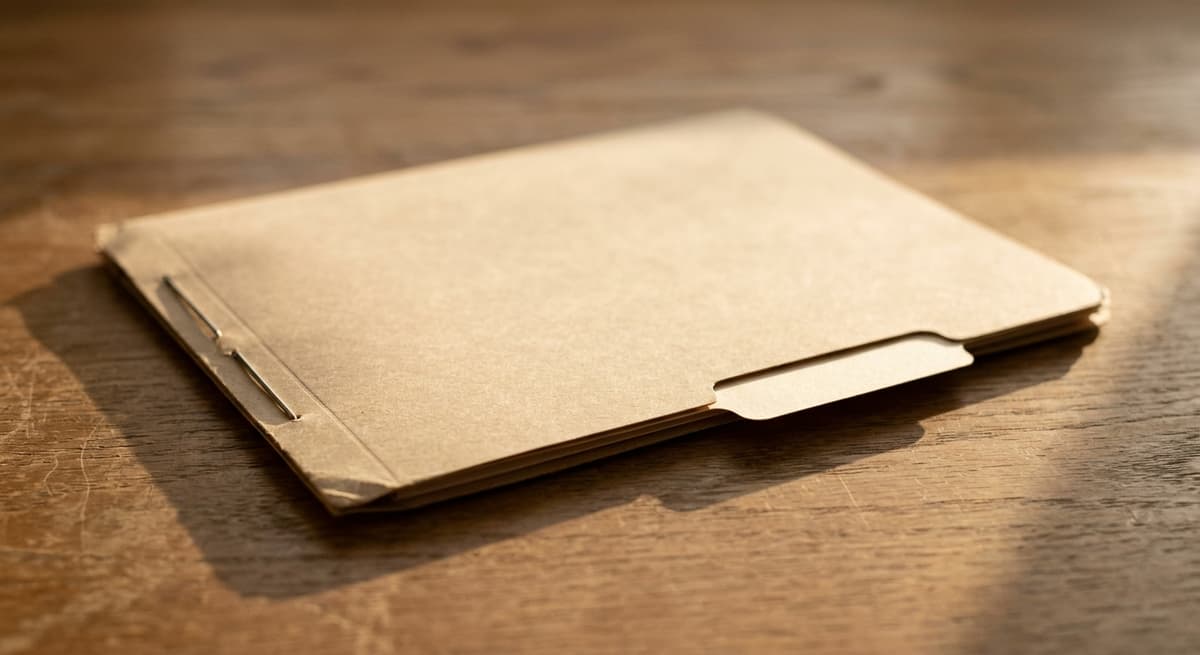 a closed manila folder with a blank tab on a clean desk