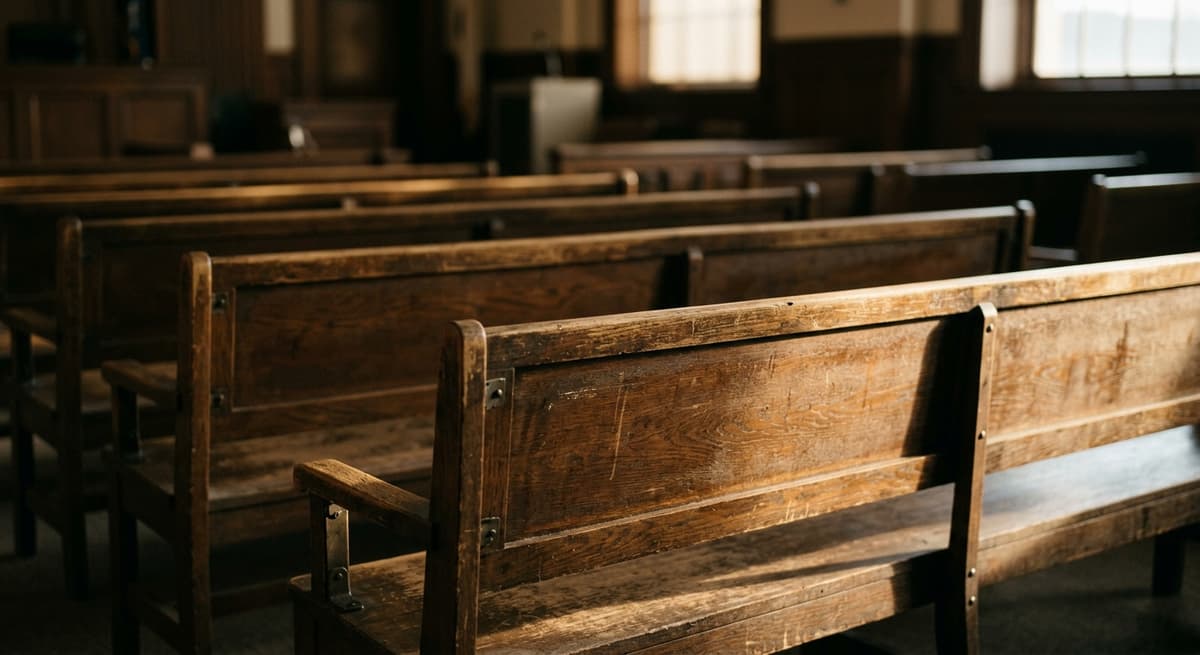 rows of empty wooden benches in a courtroom gallery, soft light