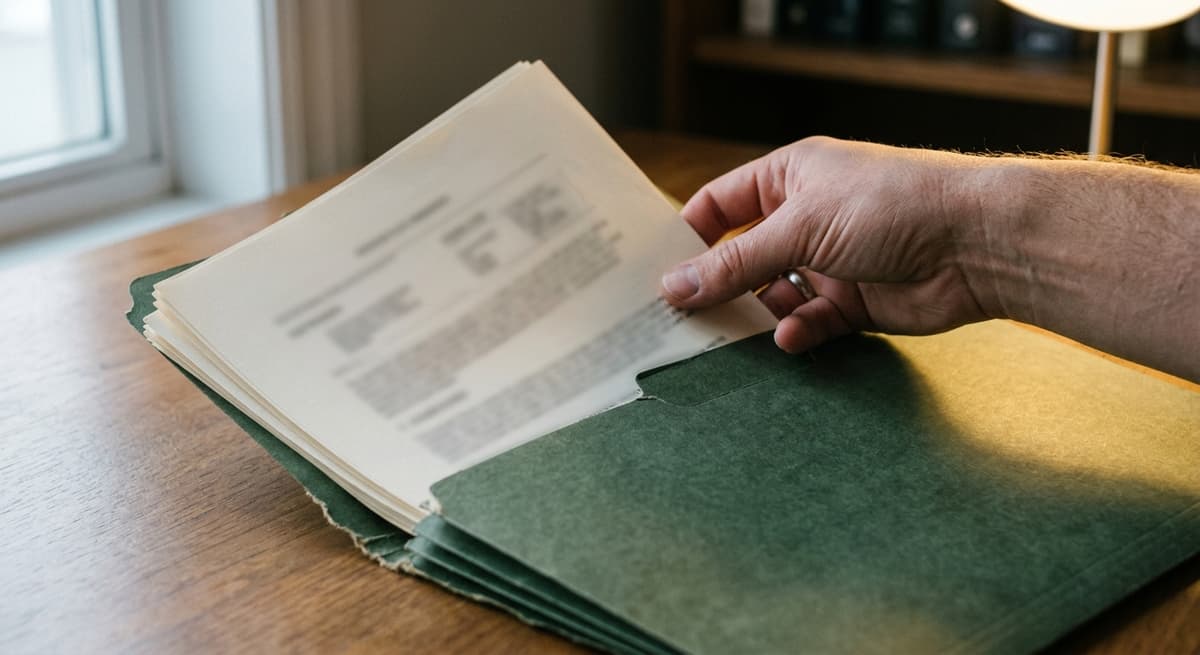 a hand placing a printed document into a file folder, cropped, no readable text