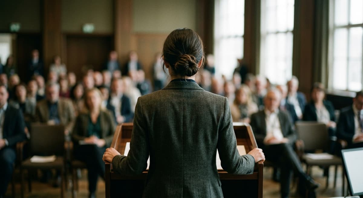 a person at a podium seen from behind addressing a softly blurred room