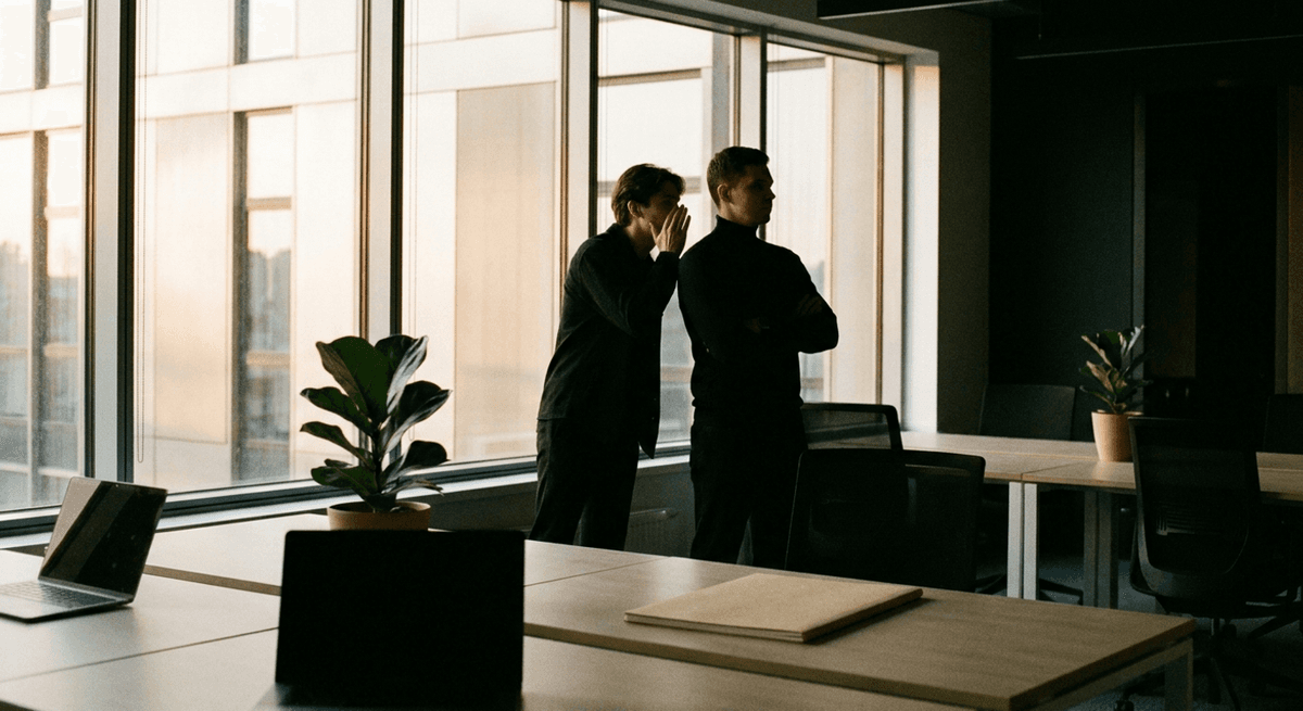 deux collègues de bureau en silhouette près d'une fenêtre, tête contre tête, sans visage visible