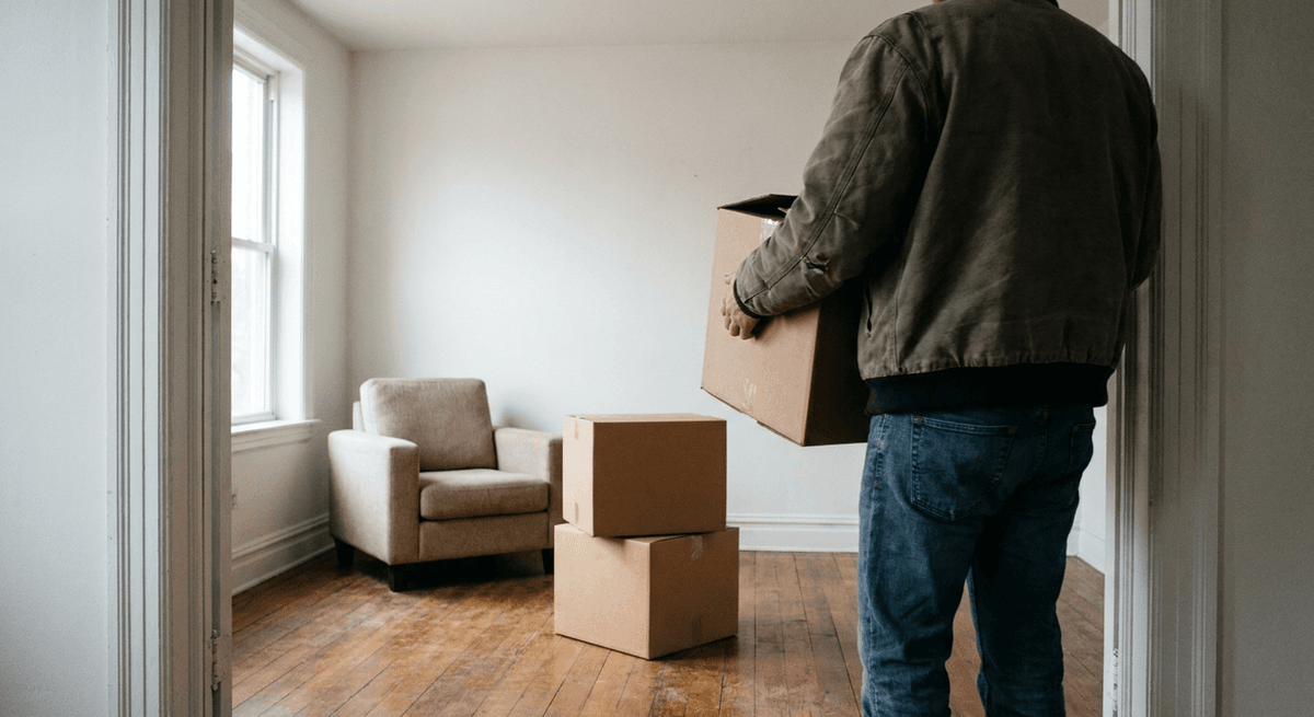 Person carrying a plain cardboard box into a bright, nearly empty room with two stacked boxes and an armchair