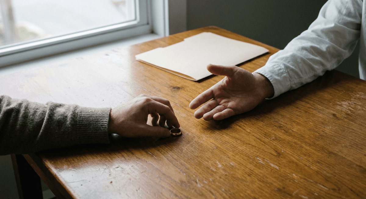one hand sliding a gold wedding band across a wooden table toward an open hand, with a closed folder behind