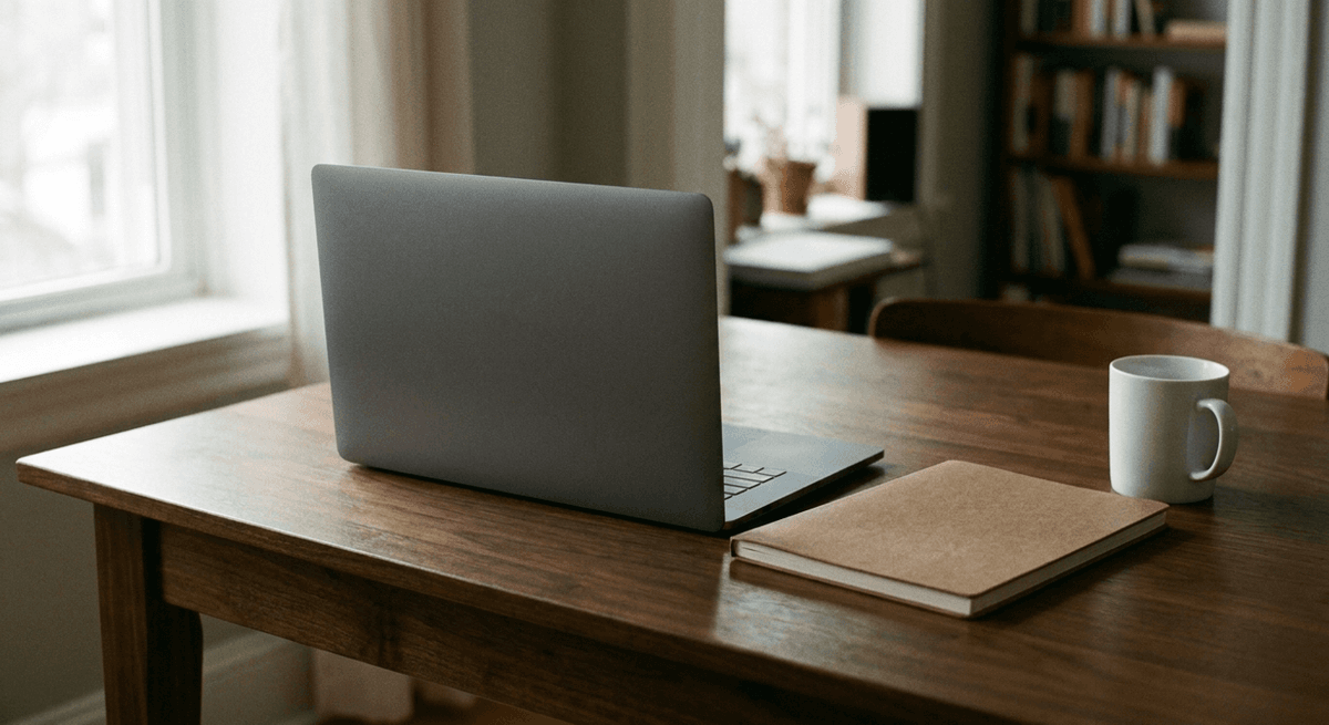 Una laptop gris sin marca con la pantalla de espaldas, un cuaderno cerrado y una taza sobre un escritorio de nogal