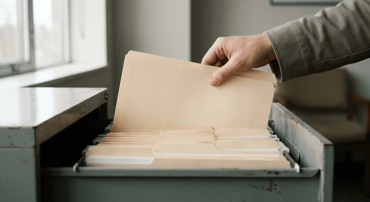 mano sacando una carpeta manila en blanco de un cajón metálico de archivo
