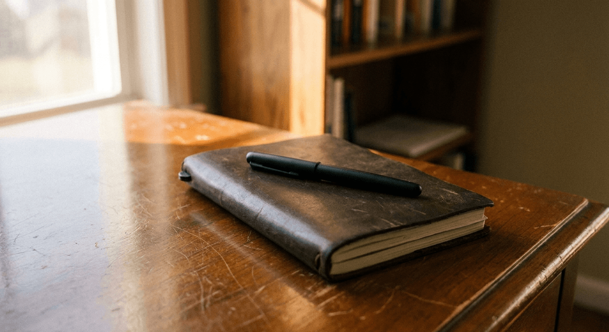 bolígrafo negro sobre un libro cerrado encuadernado en cuero en un escritorio de madera