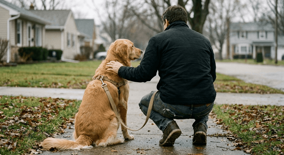 persona en cuclillas en una acera residencial tranquila con la mano sobre un golden retriever sentado con arnés y correa