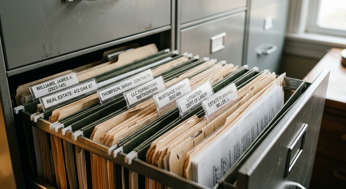 Indiana filing cabinet with organized legal folders