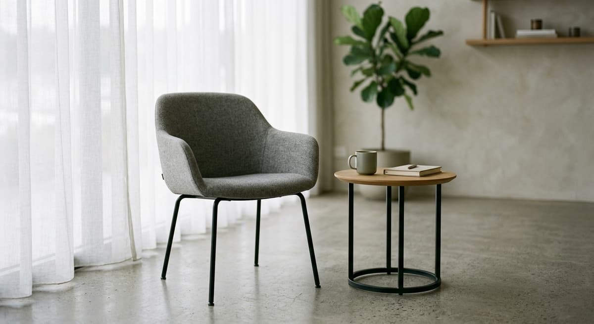 A modern office reception area with a single chair and small table