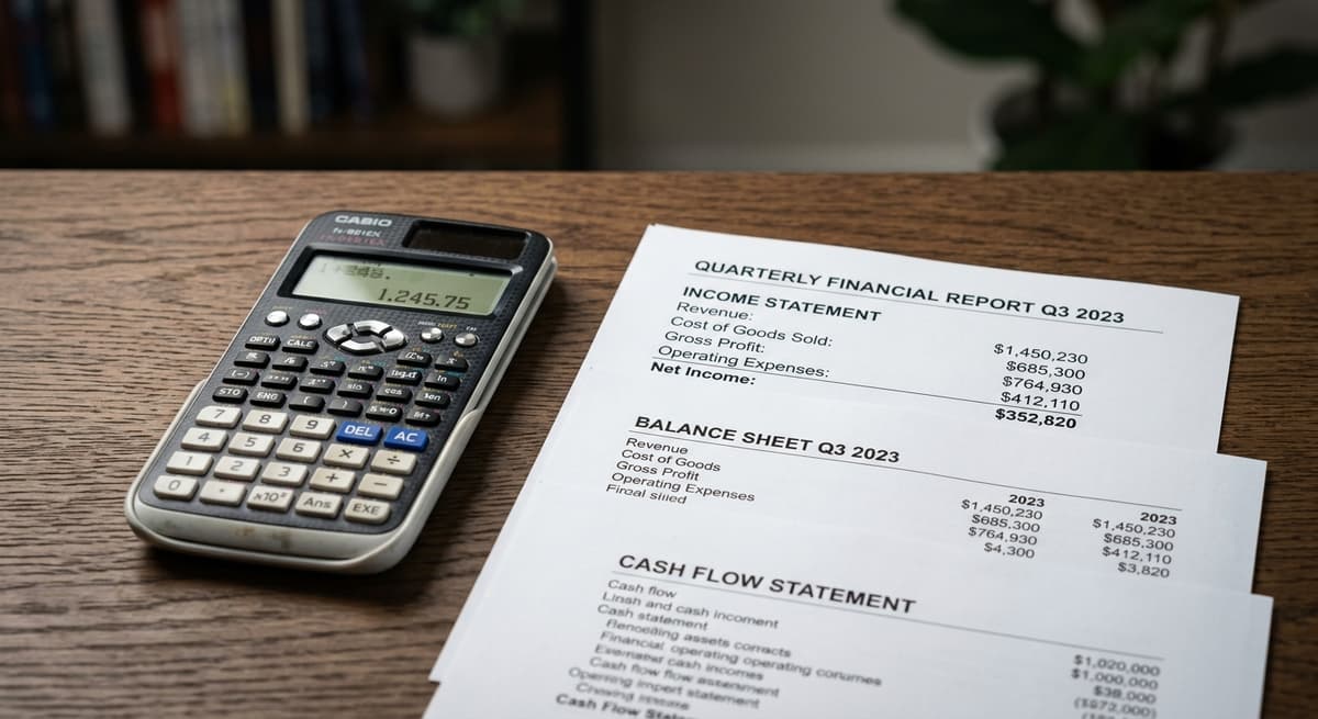 Indiana calculator beside printed financial statements on a desk