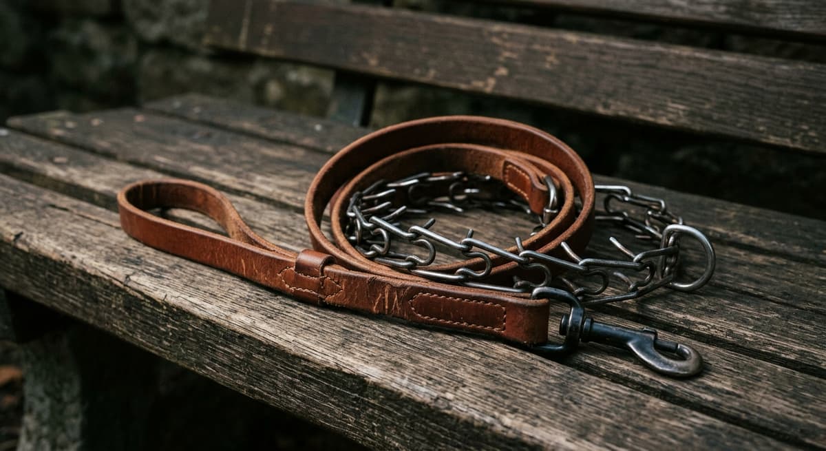 Una correa de cuero para perro y un collar de metal enrollados sobre una banca de madera