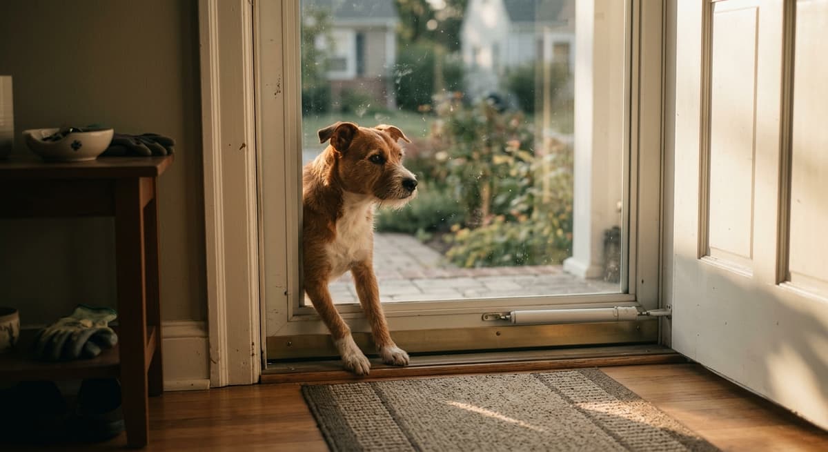 Un perro mirando a través de una puerta de vidrio desde el interior de una casa