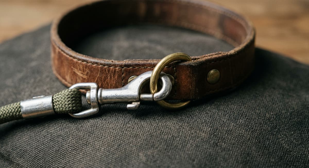 Primer plano de un mosquetón de correa sujeto a la argolla de un collar, sin mostrar la cara del perro