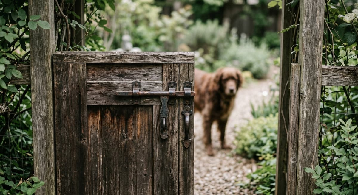 Una puerta trasera con pestillo y un perro difuminado detrás