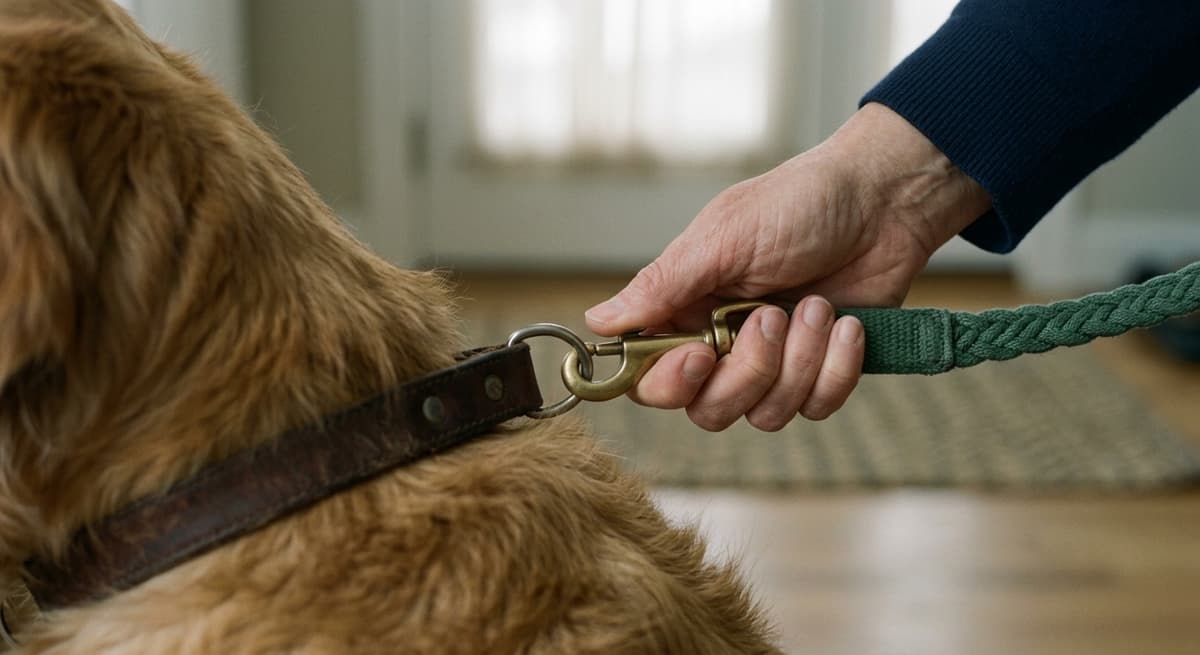 Una mano sujetando una correa al collar, solo los dedos, perro desenfocado