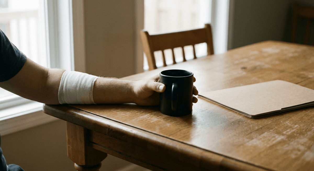 Antebrazo vendado sobre una mesa de cocina junto a una taza de café y una carpeta cerrada