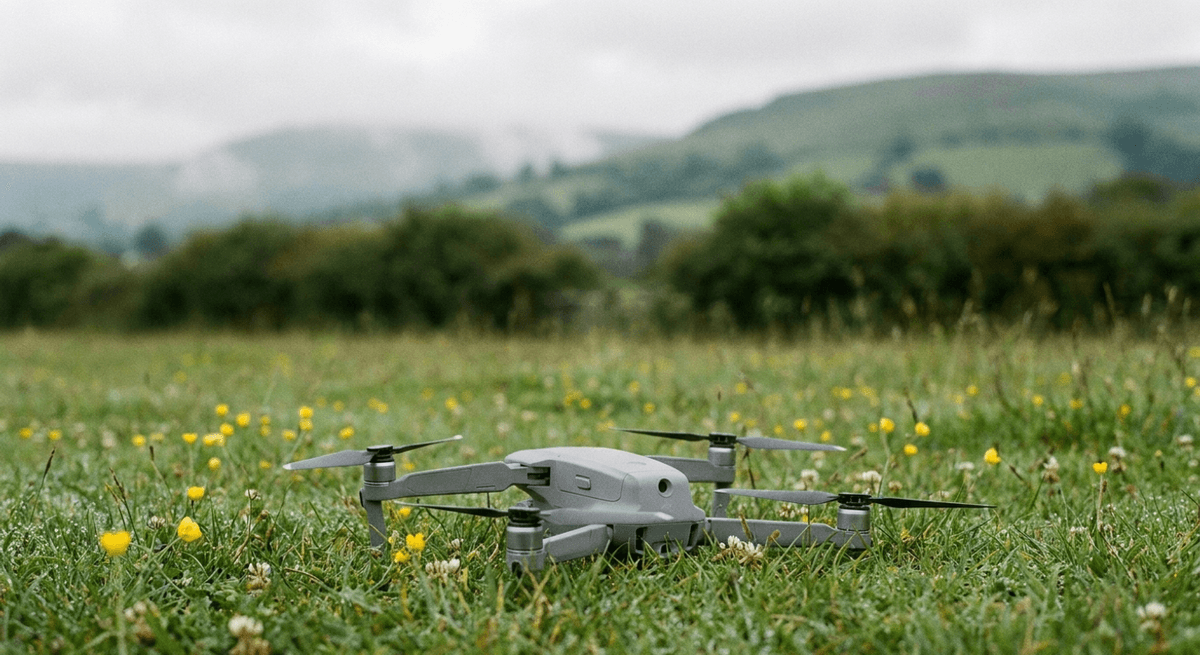 Small grey quadcopter drone resting on dewy grass in a green countryside field with hills and hedgerows