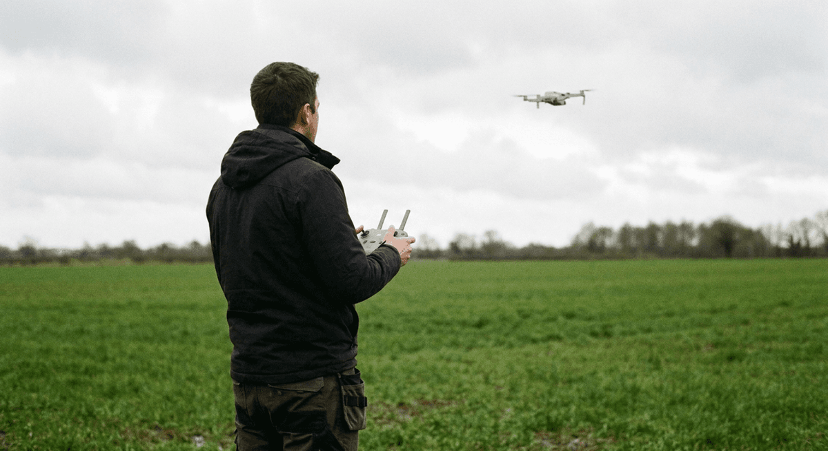 A person seen from behind holds a drone controller while a small white drone hovers over a green field