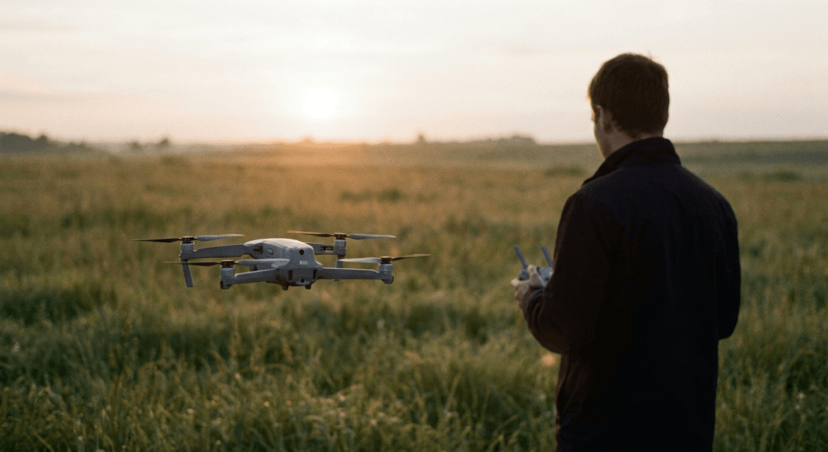 Small grey quadcopter drone hovering over a field at dusk with an operator holding a controller
