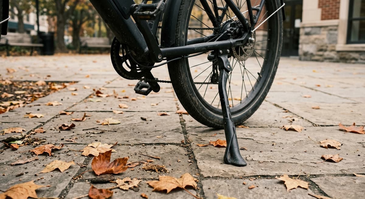 an e-bike kickstand on a paved plaza with fallen autumn leaves