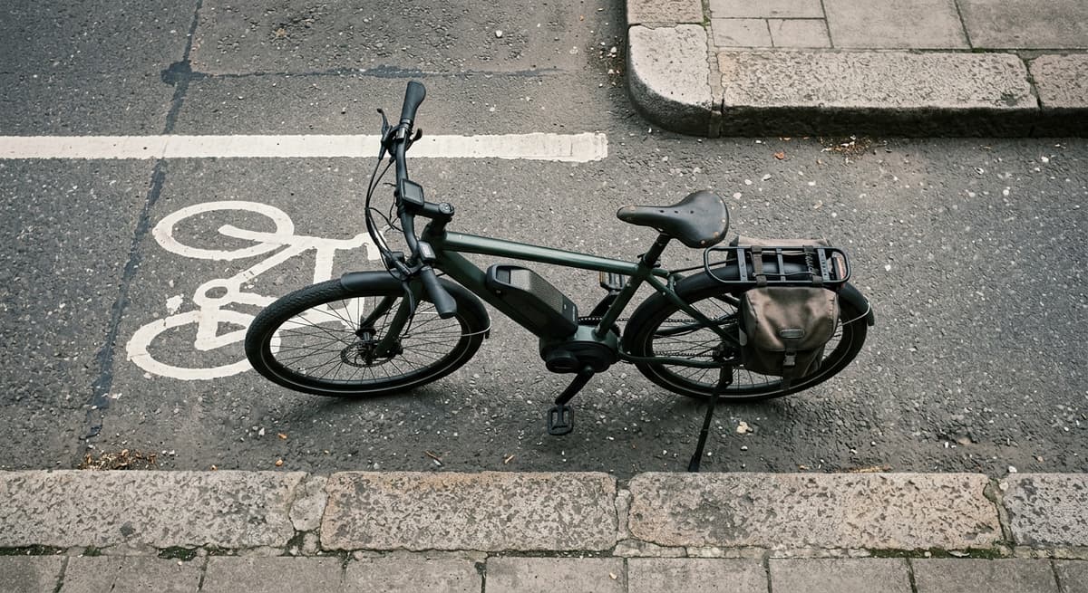 an e-bike parked in a bicycle lane bounded by a raised concrete kerb, viewed from above