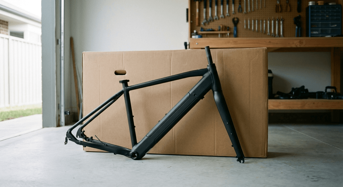 A matte black e-bike frame and fork leaning against a plain cardboard shipping box on a garage floor