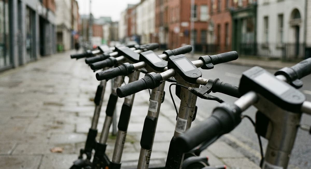 a line of parked rental e-scooters along the edge of a wide footpath, no riders