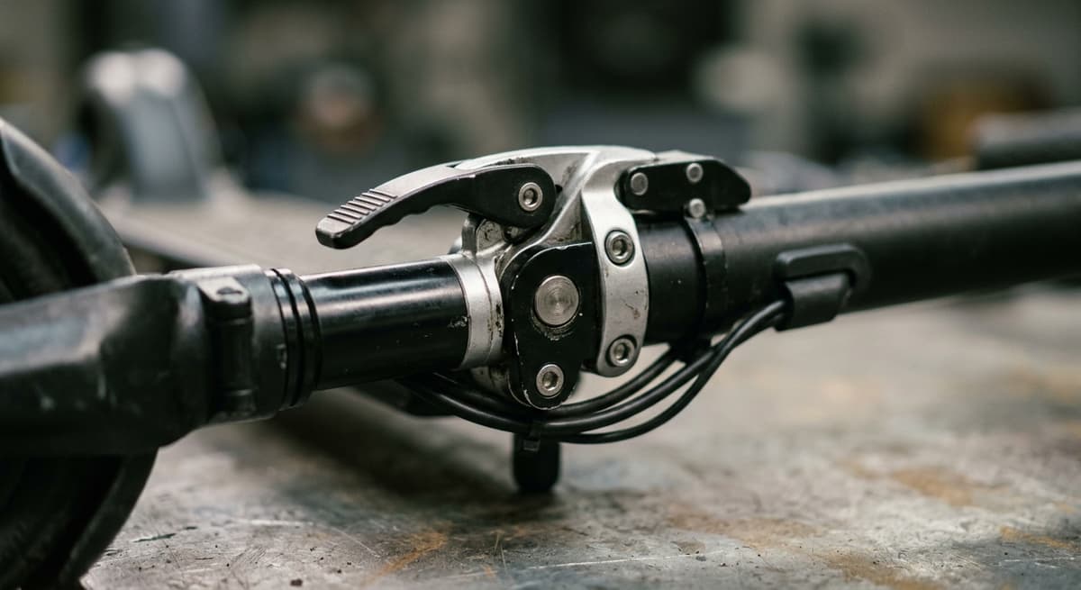 a close-up of an e-scooter folding mechanism and stem latch