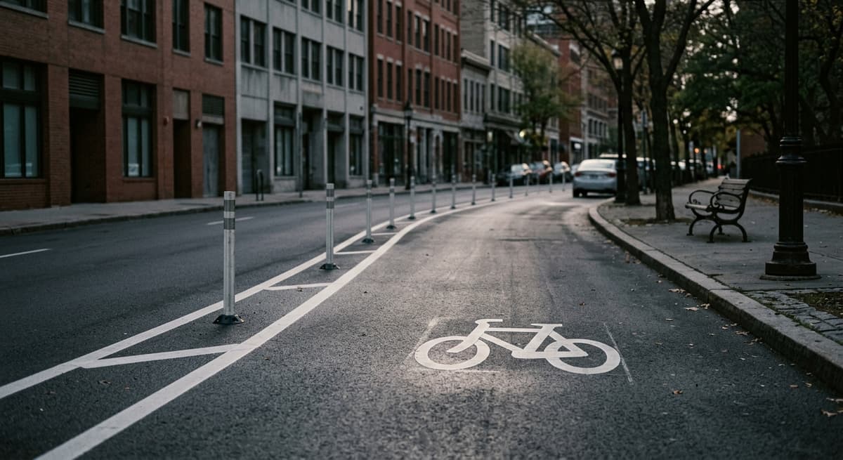 an empty cycle lane with a painted bicycle symbol curving through a city street